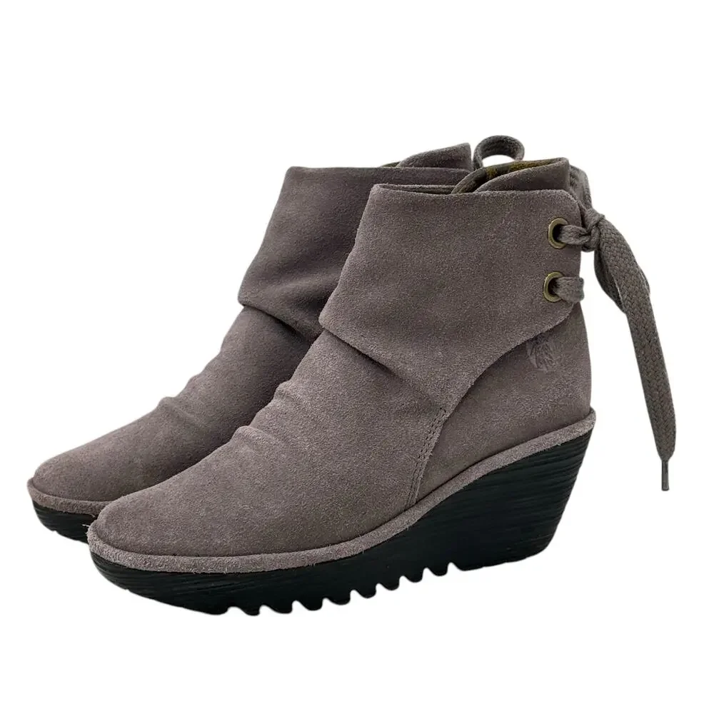 Fly London Yama Wedge Boots Women's SZ 38 Gray Suede Slouchy Lagenlook Comfort